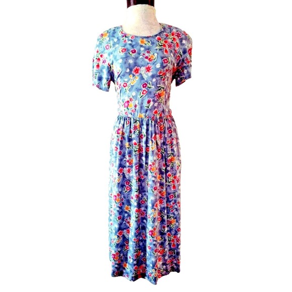 K.C. Spencer New York Dresses & Skirts - Vintage 90s Dress Midi 10 Blue White Floral Modest Tie Cottage Prairie Peasant